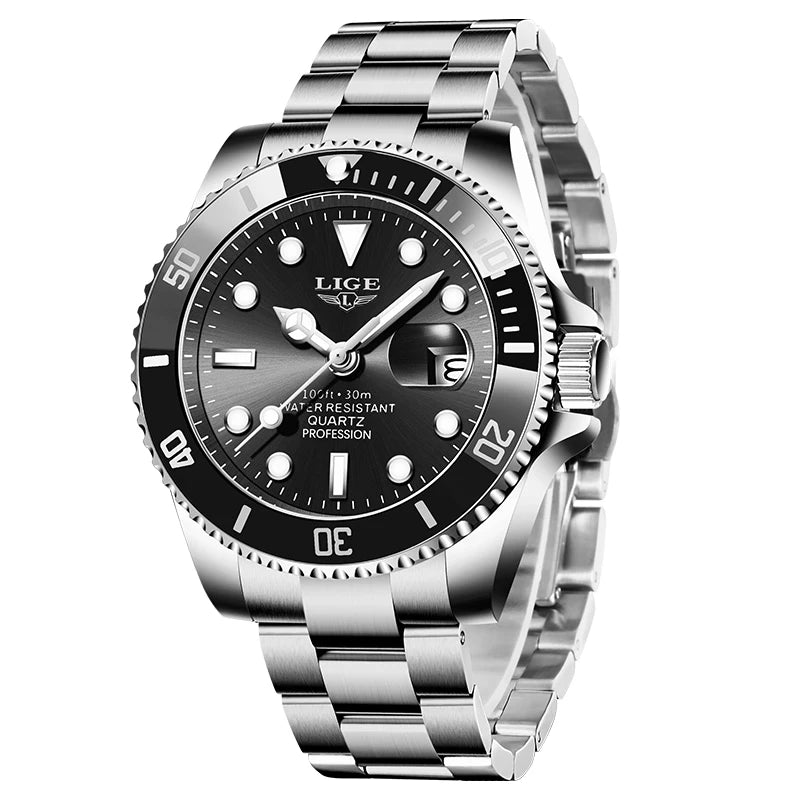 LIGE Fashion Simple Quartz Watches for Men Casual Sport Stainless Steel Calendar Waterproof Wristwatch Luxury Man Watch Gift Box