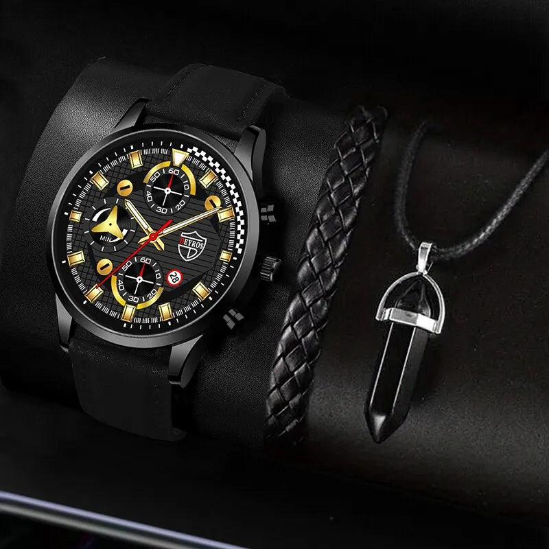 3PCS Set Fashion Mens Sports Bracelet Necklace Watches For Men Business Quartz Wrist Watch Classic Male Casual Leather Watch