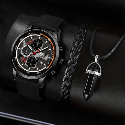 3PCS Set Fashion Mens Sports Bracelet Necklace Watches For Men Business Quartz Wrist Watch Classic Male Casual Leather Watch