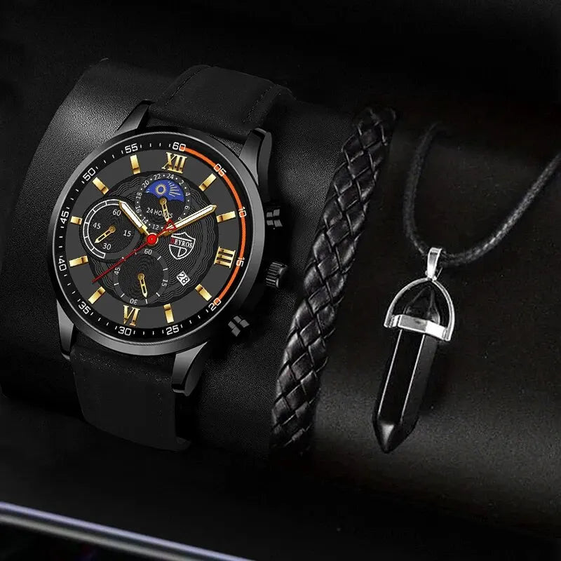 3PCS Set Fashion Mens Sports Bracelet Necklace Watches For Men Business Quartz Wrist Watch Classic Male Casual Leather Watch